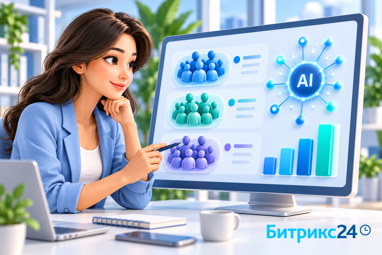 Маркетолог жасанды интеллект көмегімен аудитория деректерін талдап отыр