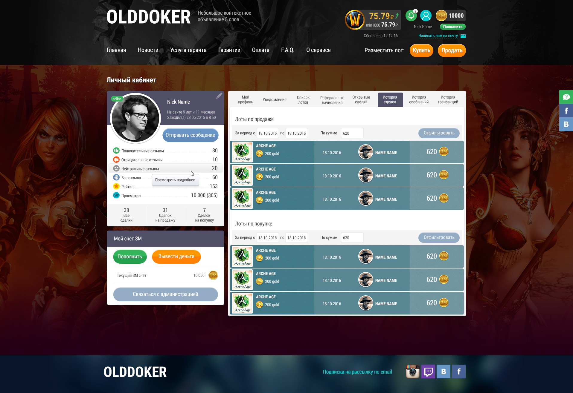 сайт для биржи игровых ценностей olddoker с элементами социальной сети